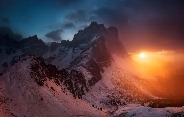 Winter, the sky, the sun, clouds, snow, trees, sunset, mountains