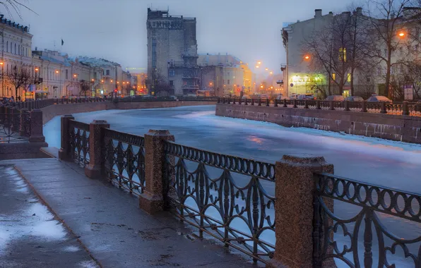Winter, The evening, Peter, River, Saint Petersburg, Russia, SPb, St. Petersburg