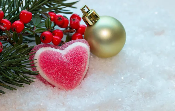 Winter, snow, berries, heart, new year, ball, Christmas, berry