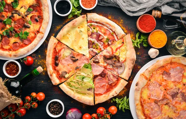 Picture wine, cheese, pizza, spices, Basil, tomatoes-cherry