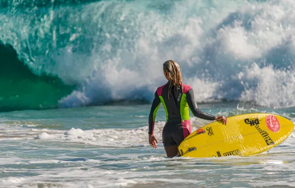 Girl, wave, Board, Surfing