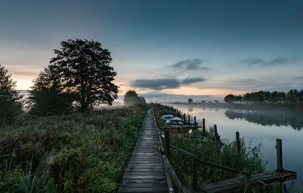 Picture river, boats, morning, pier, Sweden, Sweden, Easter Gotland, Vreta Abbey