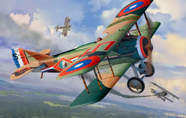 Picture war, art, airplane, painting, WWI Fighter SPAD XIII