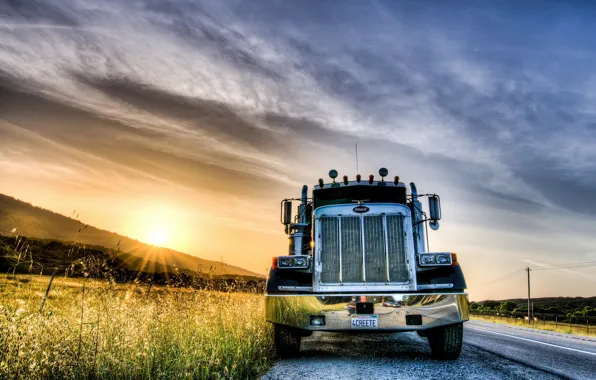 Picture road, machine, landscape, sunset, HDR