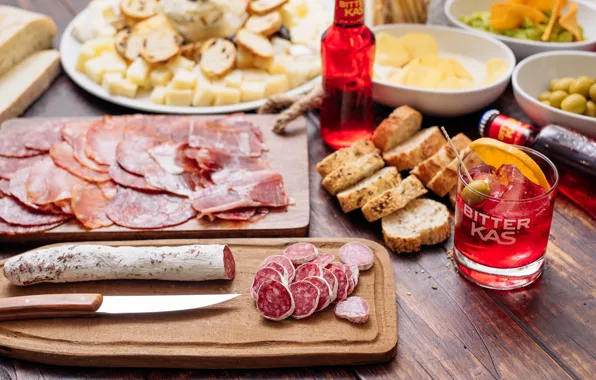 Bread, meat, drink, sausage, appetizer