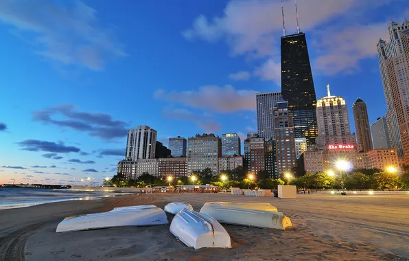 Picture beach, the city, boats, the evening, Chicago, USA, Chicago, illinois
