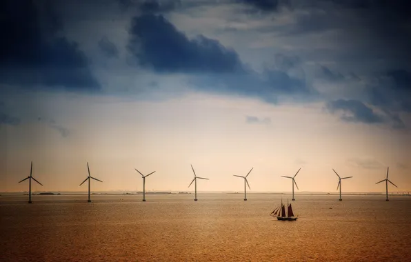 Picture sea, ship, windmills