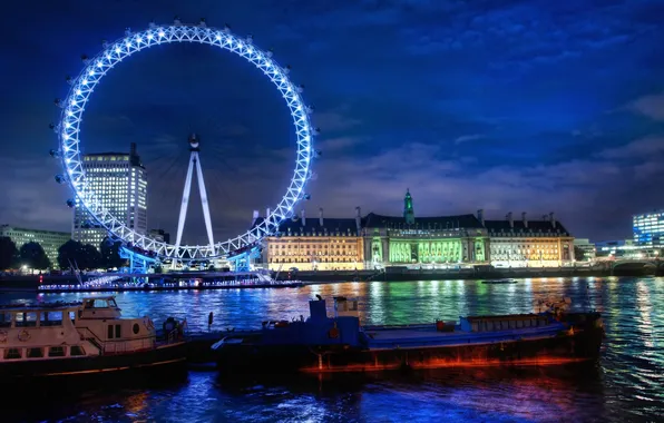 The sky, clouds, night, bridge, lights, river, ship, home