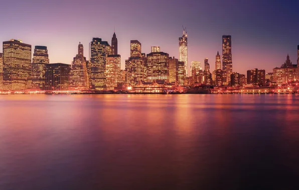 Sunset, the city, lights, building, New York, skyscrapers, the evening, USA