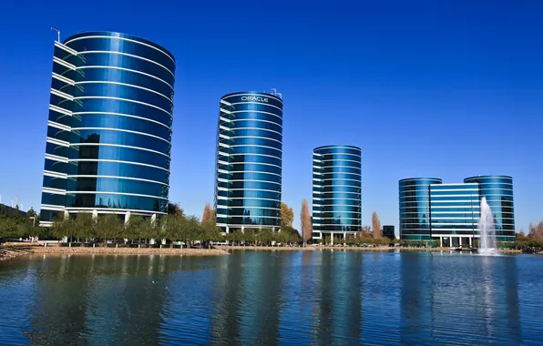 Picture beach, the sky, glass, trees, lake, pond, tower, fountain