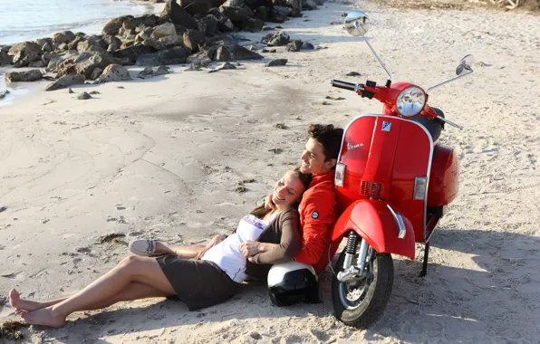 Beach, girl, moped, pair, guy, lie, vespa, scooter