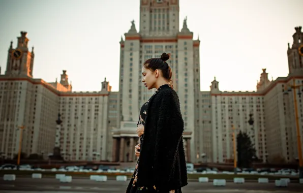 Pose, background, model, the building, portrait, makeup, dress, hairstyle