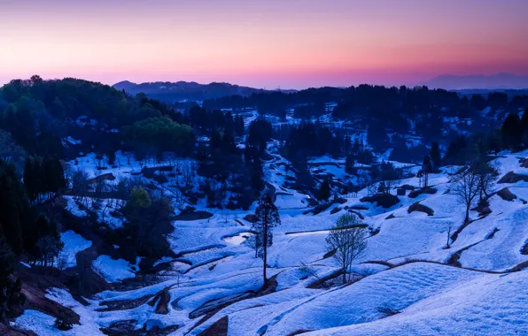 Picture winter, snow, trees, landscape, mountains, river, stream, the evening