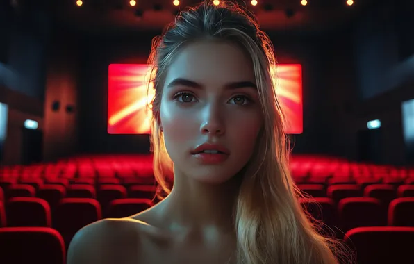 Look, girl, face, portrait, chairs, blonde, cinema, screen