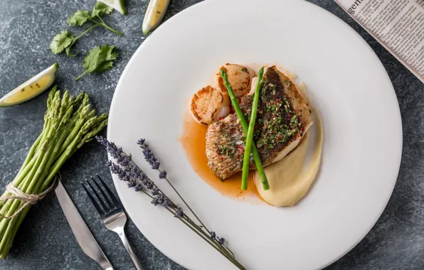 Meat, lavender, asparagus