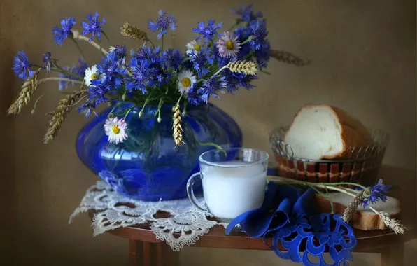 Flowers, bouquet, milk, bread, vase, still life, cornflowers