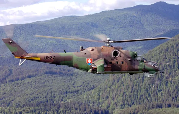 The sky, trees, mountains, helicopter, Mi-24, Soviet, transport-combat
