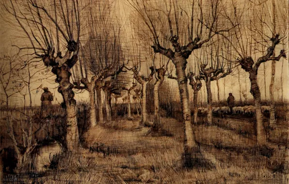 Picture trees, shepherd, goats, Vincent van Gogh, Pollard Birches