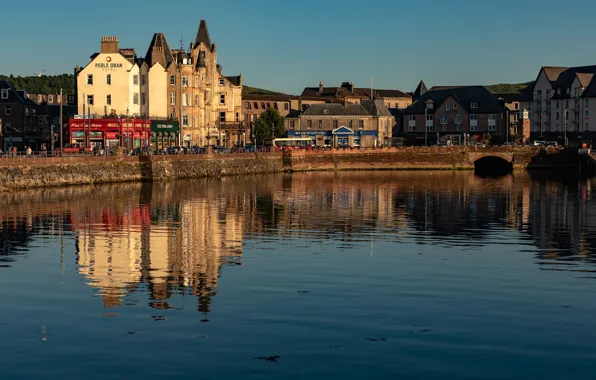 The sky, water, the sun, reflection, river, home, Scotland, Oban