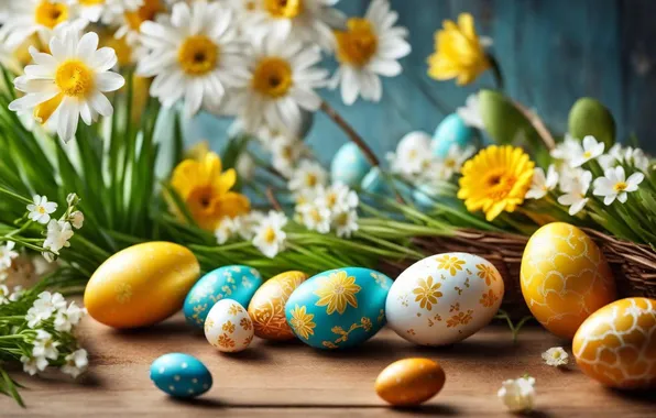 Flowers, eggs, spring, colorful, Easter, flowers, spring, Easter