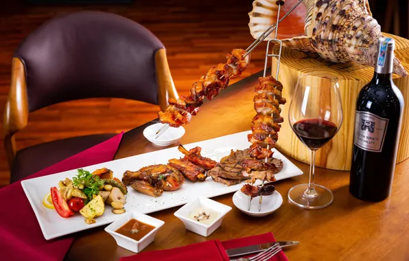 Wine, glass, meat, vegetables, tomato, kebab