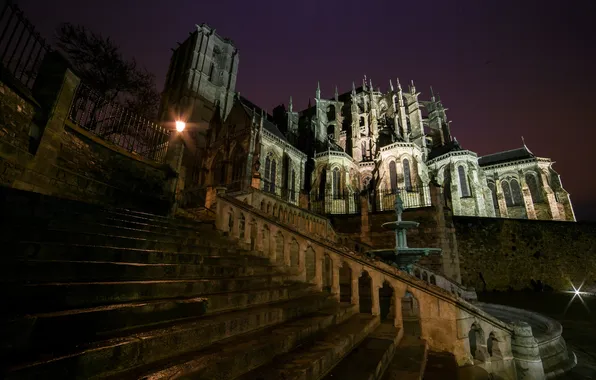 Picture light, night, France, The Mans, lights, ladder, Cathedral, temple