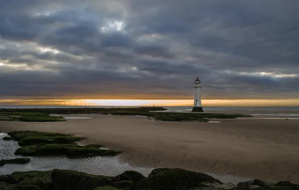 Sea, sunset, clouds, lighthouse, tide