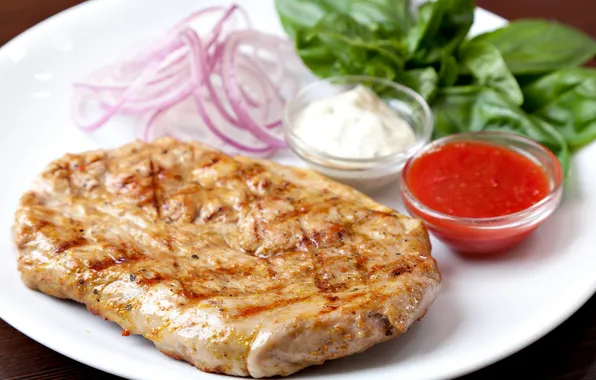 Greens, bow, plate, sauce, grilled meat