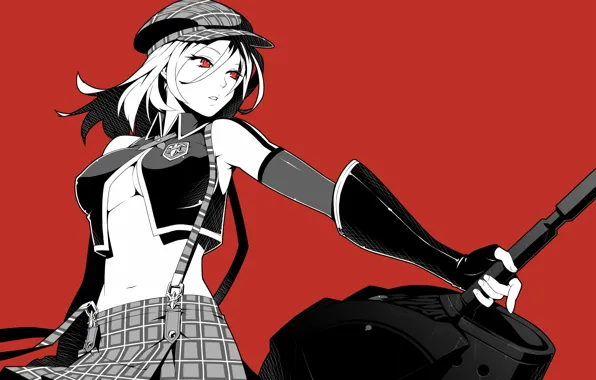 Girl, red, background, skirt, sword, cap