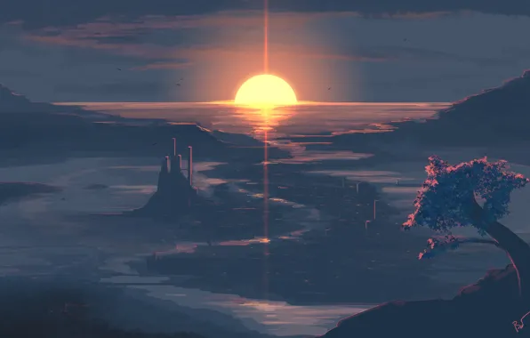 Sunset, The sun, The city, City, Fantasy, Landscape, Art, Blik