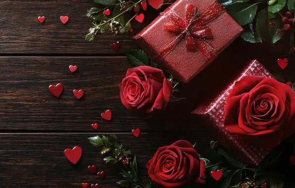 Leaves, love, flowers, the dark background, holiday, heart, Board, roses