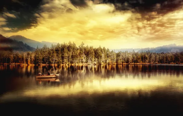 Picture the sky, clouds, trees, lake, reflection, boat, treatment, In silence