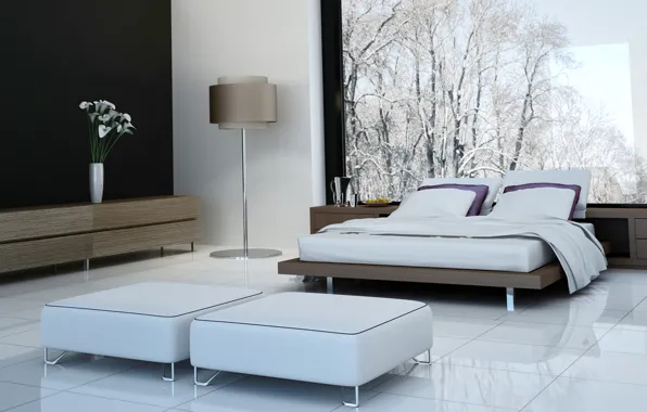 Picture flowers, room, furniture, bed, interior, vase, floor lamp, bedroom