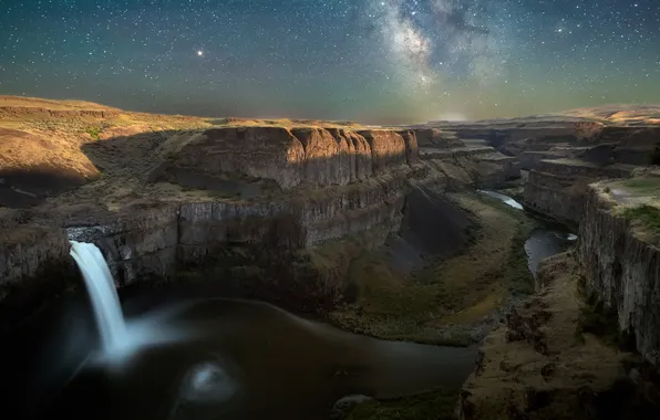 Stars, light, mountains, night, river, open, rocks, shore