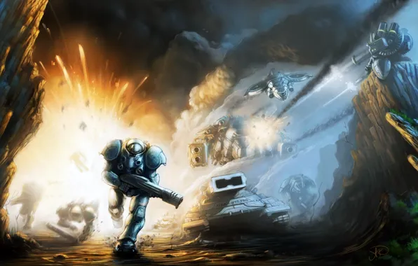 The explosion, weapons, gun, Starcraft 2, infantryman, tanks