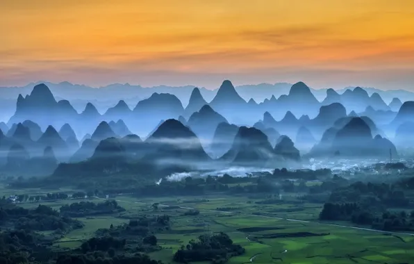 Picture city, China, sky, trees, field, landscape, nature, mountains