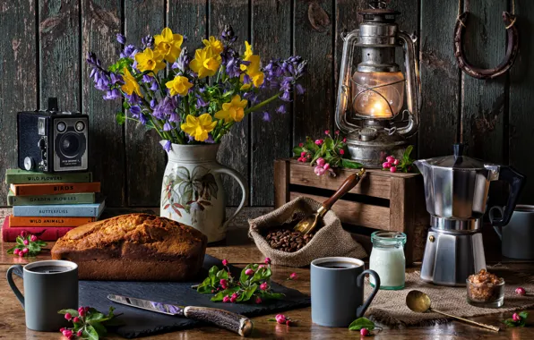 Picture flowers, style, books, coffee, bouquet, the camera, pie, lantern