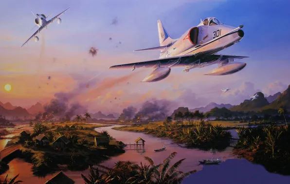 Picture figure, field, art, pair, flight, attack, Vietnam, Douglas