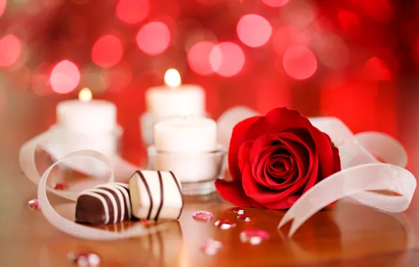 Rose, food, chocolate, candles, candy, red, sweet