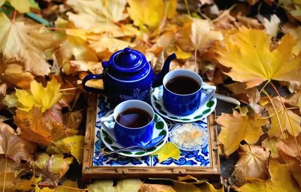 Picture autumn, tea, Cup, sweets, maple leaves
