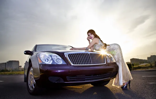 Picture auto, look, Girls, Asian, beautiful girl, posing on the car, Mercedes-maybach