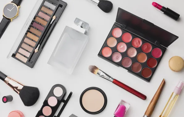 Watch, perfume, lipstick, shadows, brush, cosmetics, lacquer, powder