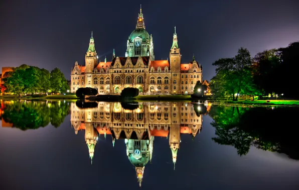 Picture evening, palace, building, pond