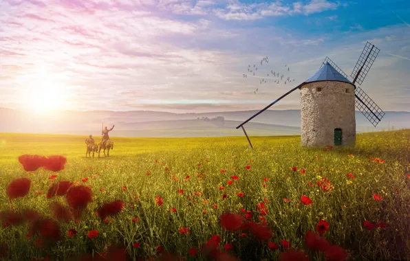 Picture field, flowers, Maki, mill, rider, Don Quixote, Sancho Panza