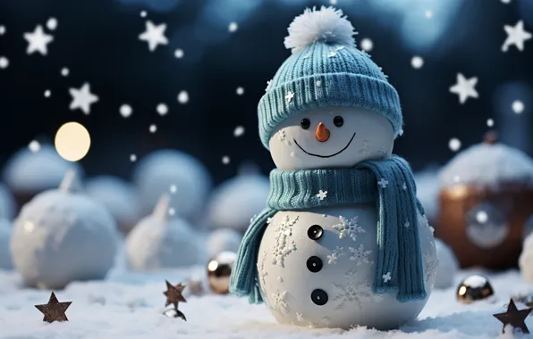 Winter, snow, New Year, Christmas, snowman, happy, Christmas, night