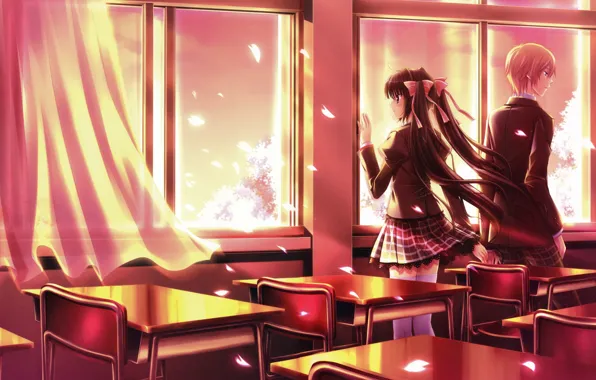 Picture romance, chairs, spring, class, two, school uniform, curtain, art