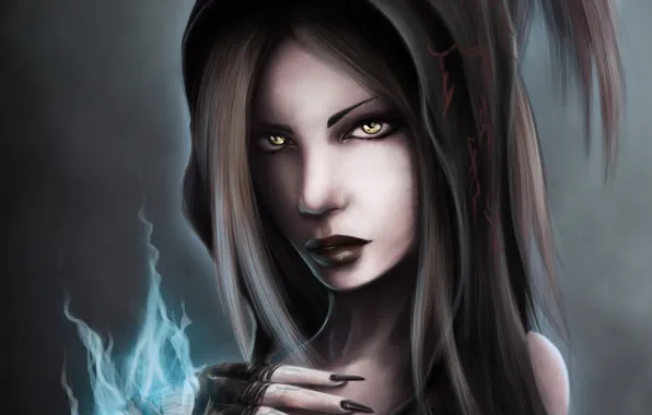 Picture girl, magic, hands, art, hood, witch