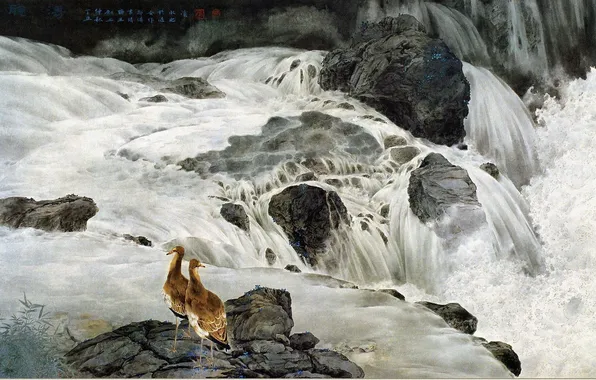 Birds, river, stones, figure, waterfall, art, characters, Chinese painting