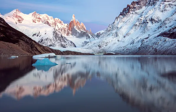 Winter, snow, mountains, lake, reflection