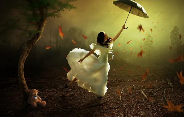 Girl, the wind, umbrella